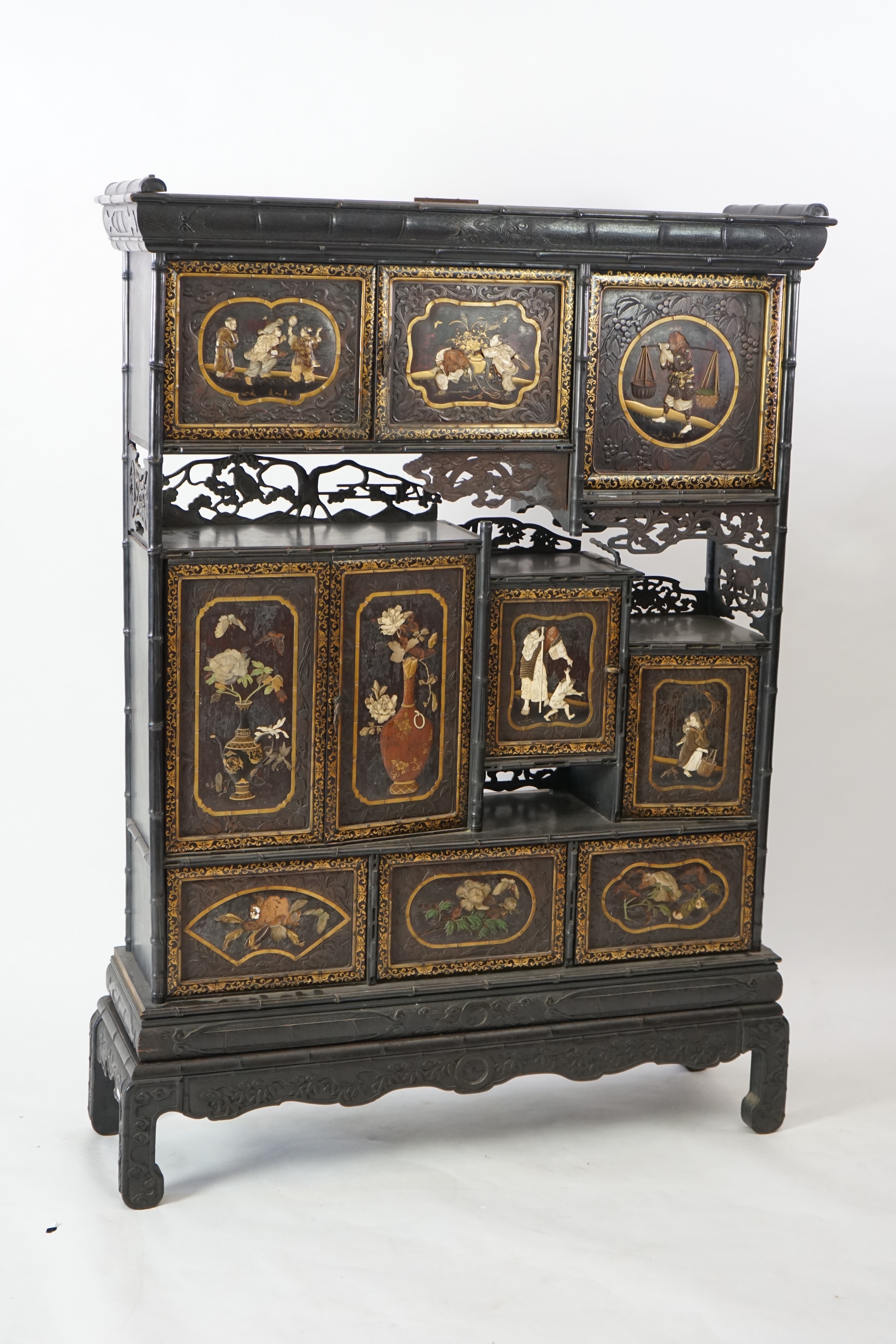 A Japanese Shibayama style inlaid wood cabinet, Meiji period